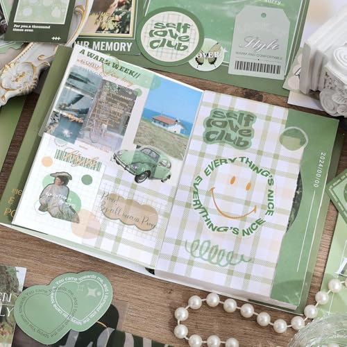 GDNK Scrapbooking Supplies Scrapebook Kit Vintage Food Diary Aesthetic Scrapbook Kit for Junk Journal Stationery Bullet A6 Grid Notebook DIY Scrapbook Birthday Gift scrapbooking kit Photo Album (Green Mist Island) - Image 2