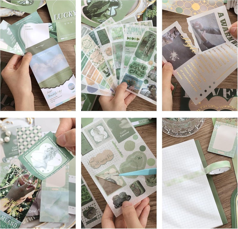 GDNK Scrapbooking Supplies Scrapebook Kit Vintage Food Diary Aesthetic Scrapbook Kit for Junk Journal Stationery Bullet A6 Grid Notebook DIY Scrapbook Birthday Gift scrapbooking kit Photo Album (Green Mist Island) - Image 4