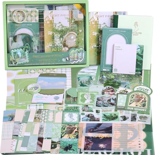 GDNK Scrapbooking Supplies Scrapebook Kit Vintage Food Diary Aesthetic Scrapbook Kit for Junk Journal Stationery Bullet A6 Grid Notebook DIY Scrapbook Birthday Gift scrapbooking kit Photo Album (Green Mist Island) - Image 1