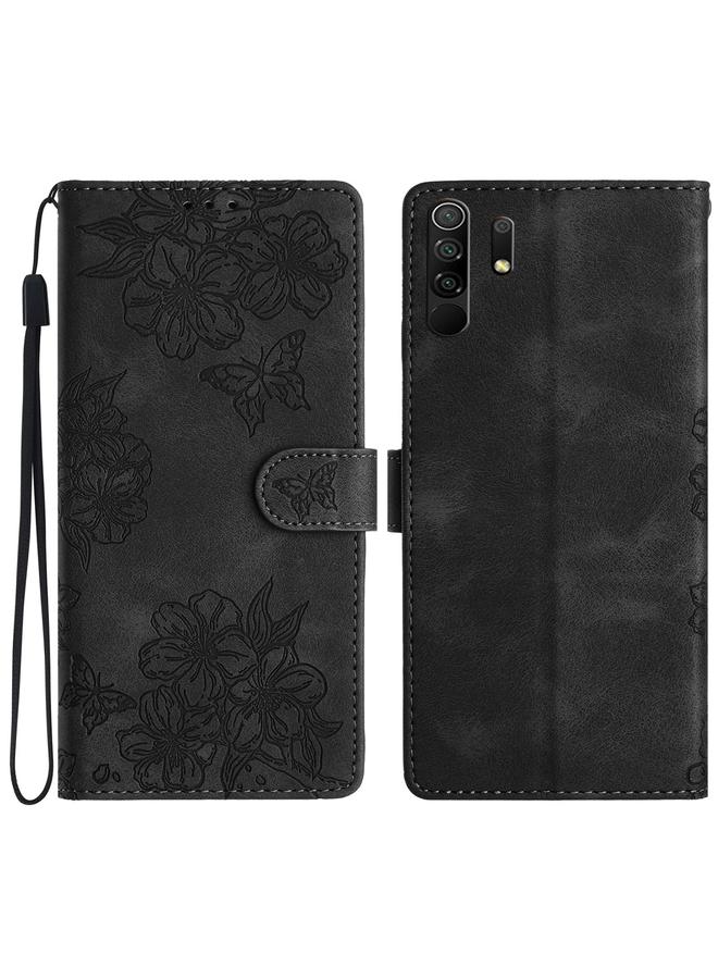 Case For Xiaomi Redmi 9 Cherry Blossom Butterfly Skin Feel Embossed PU Phone Case