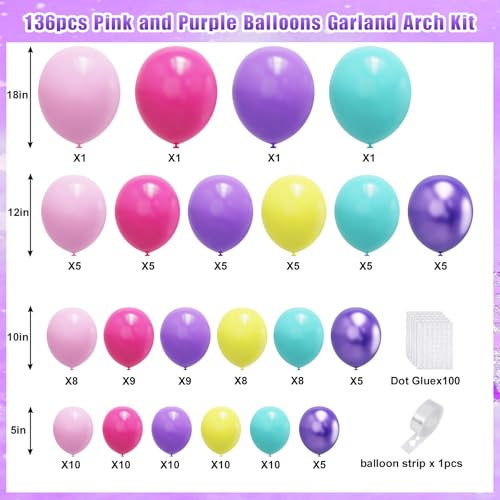 YMSZ Pink Blue Purple Balloons Arch Kit 136pcs Hot Pink Metallic Purple Teal Yellow Balloons with Different Size for Kids Magic Theme Birthday Decoration Baby Shower Party Supplies - Image 5