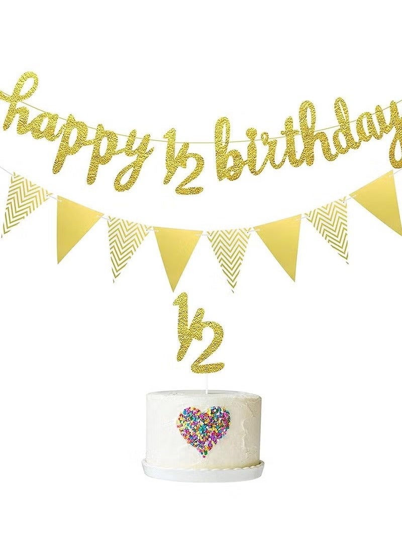 6 Months Birthday Banner, Happy 1/2 Birthday Banner Glitter 1/2 Half Year Cake Topper Triangle Flag Banner for Half Year Baby Shower Birthday Party Decoration  - Image 1
