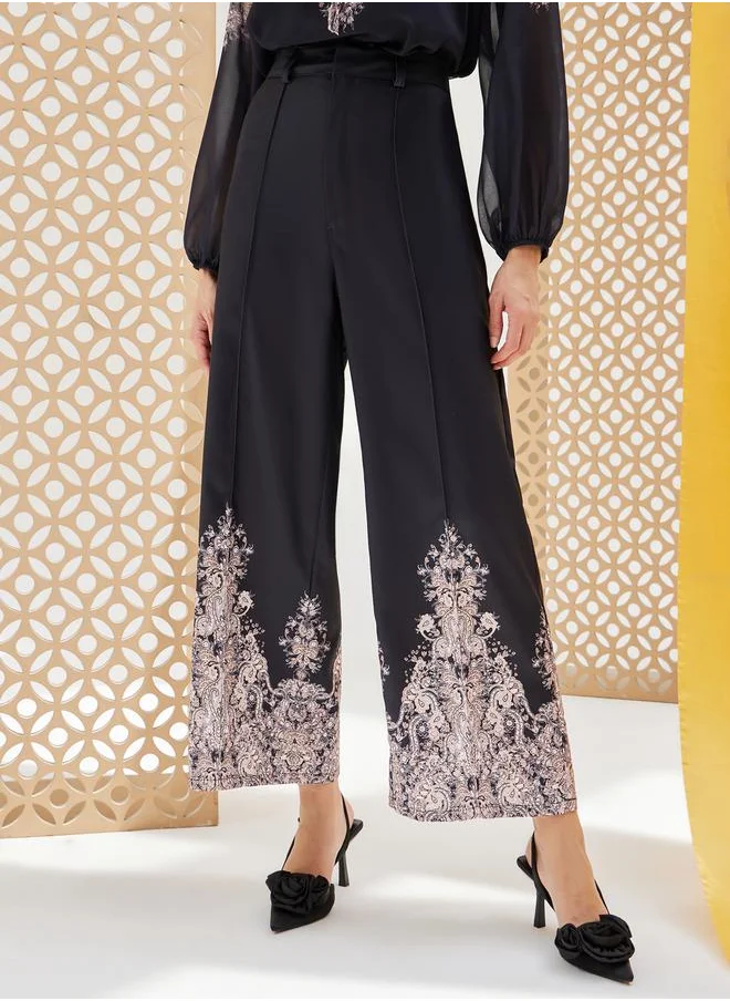 Styli Placement Printed Linen Look Wide Leg Pants