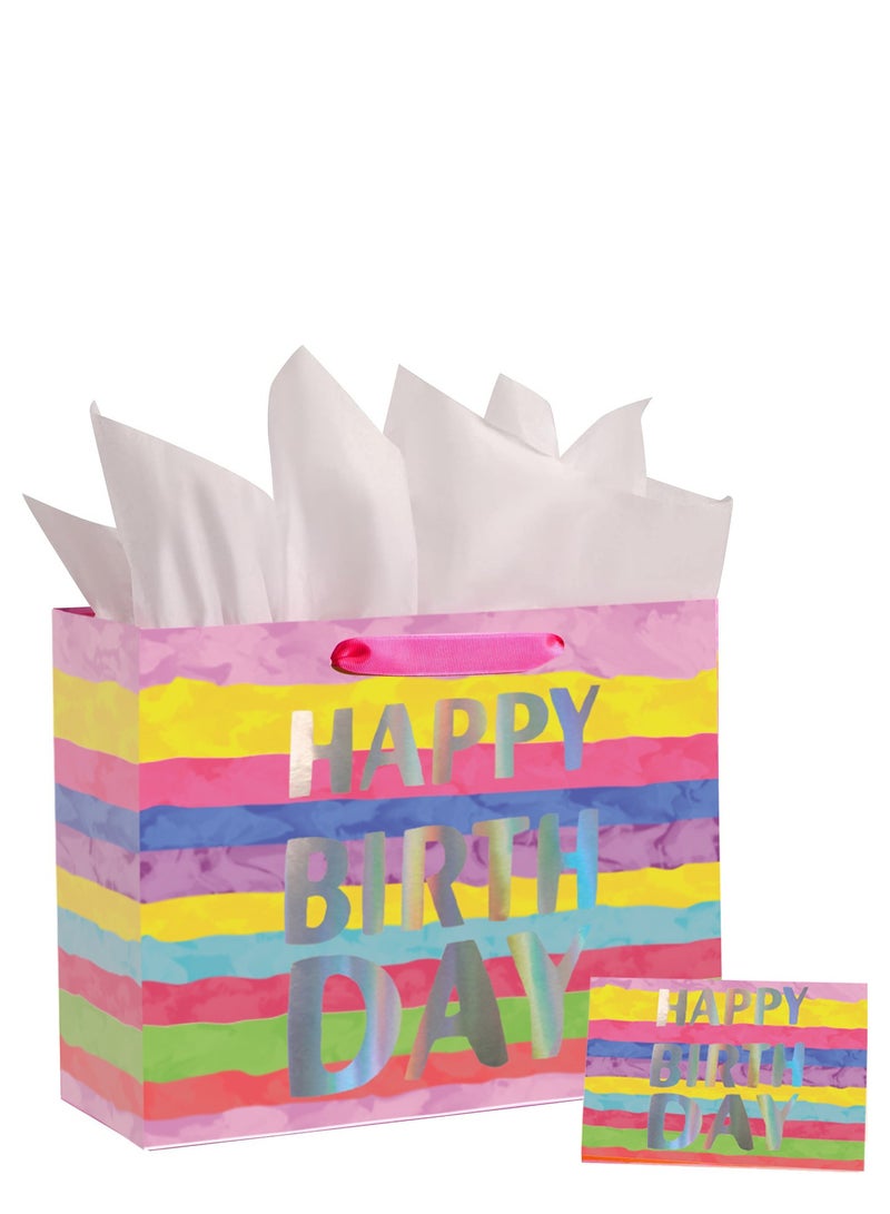 Generic 13" Large Birthday Gift Bag with Tissue Paper and Greeting Card – Colorful Gift Bag for Kids, Women, or Mom’s Birthday 