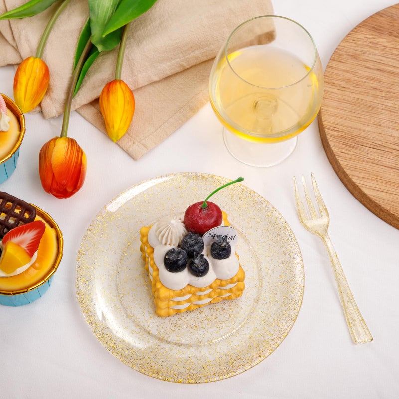 Festiva 200Pcs Gold Glitter Dessert Plates 6.3"" with Forks 5""-Small Plastic Dessert/Cake/Appetizer Plates Disposable for 100 Guests Birthday Party&Wedding&Easter - Image 3