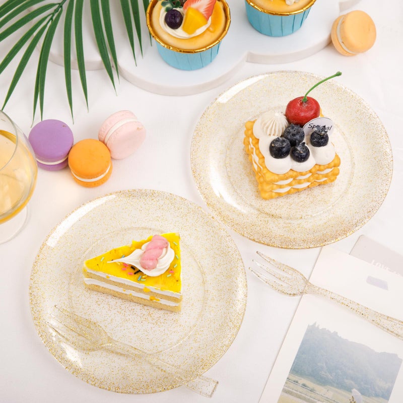 Festiva 200Pcs Gold Glitter Dessert Plates 6.3"" with Forks 5""-Small Plastic Dessert/Cake/Appetizer Plates Disposable for 100 Guests Birthday Party&Wedding&Easter - Image 5