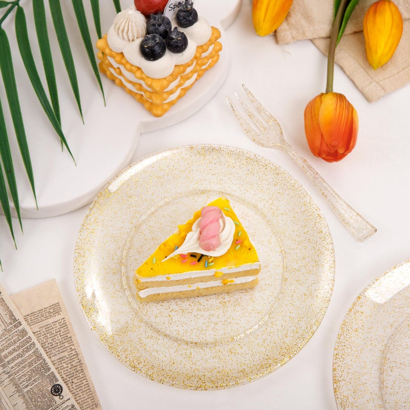Festiva 200Pcs Gold Glitter Dessert Plates 6.3"" with Forks 5""-Small Plastic Dessert/Cake/Appetizer Plates Disposable for 100 Guests Birthday Party&Wedding&Easter - Image 4