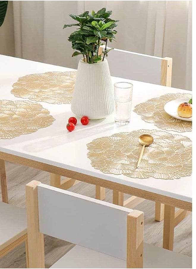 SUNIFY - 4Psc Round Flower Placemat Hollow-Out Metallic Vinyl Place Mats Heat Resistant Washable PVC Table Mat for Dining Table - Image 1