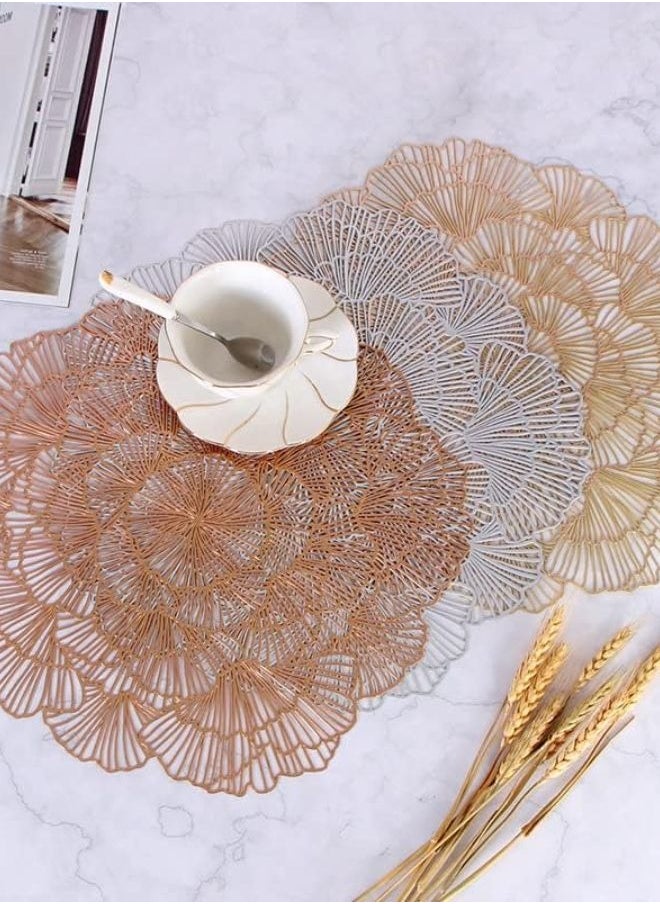 SUNIFY - 4Psc Round Flower Placemat Hollow-Out Metallic Vinyl Place Mats Heat Resistant Washable PVC Table Mat for Dining Table - Image 1