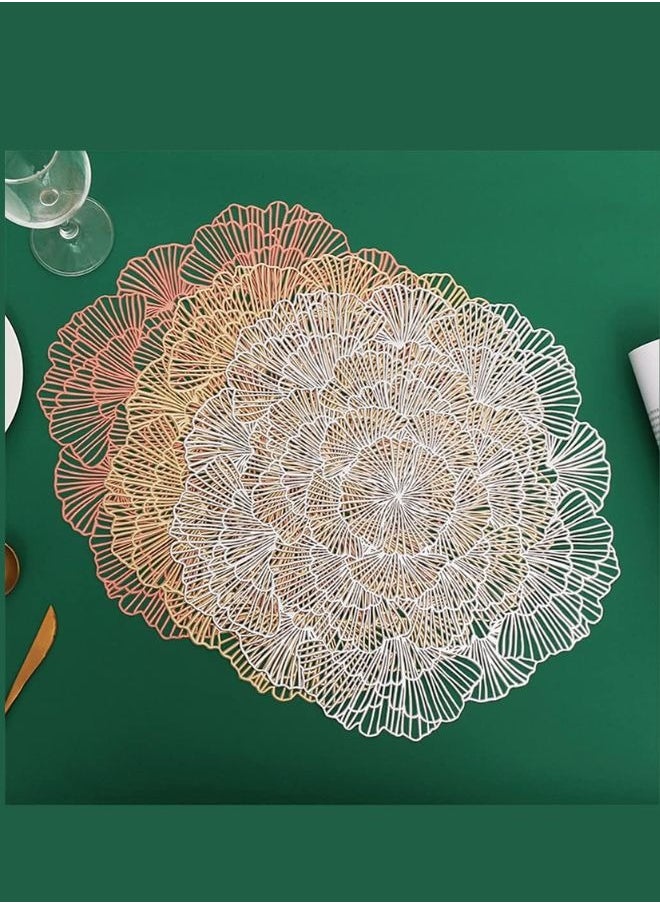 SUNIFY - 4Psc Round Flower Placemat Hollow-Out Metallic Vinyl Place Mats Heat Resistant Washable PVC Table Mat for Dining Table - Image 1