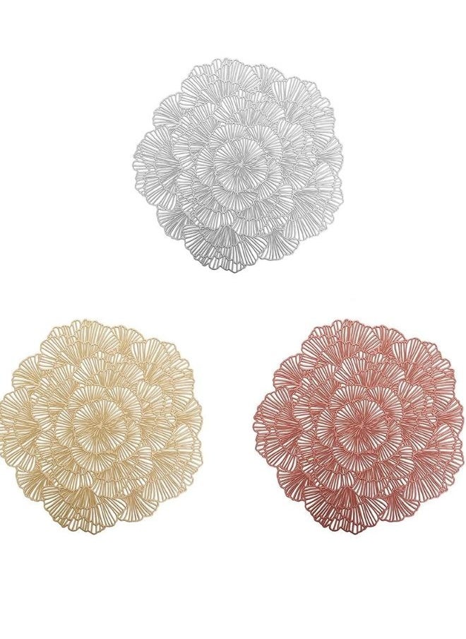 SUNIFY - 4Psc Round Flower Placemat Hollow-Out Metallic Vinyl Place Mats Heat Resistant Washable PVC Table Mat for Dining Table - Image 1