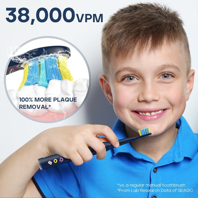 Seago Kids Electric Toothbrush, Rechargeable Sonic Soft Bristle Toothbrushes with 8 Brush Heads, DIY Stickers and 5 Modes, Ideal for Kids and Children, Ages 3–12，SG2303(Navy) - Image 3