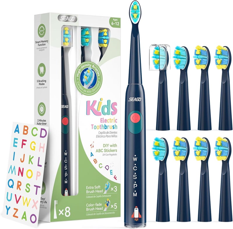 Seago Kids Electric Toothbrush, Rechargeable Sonic Soft Bristle Toothbrushes with 8 Brush Heads, DIY Stickers and 5 Modes, Ideal for Kids and Children, Ages 3–12，SG2303(Navy) - Image 1