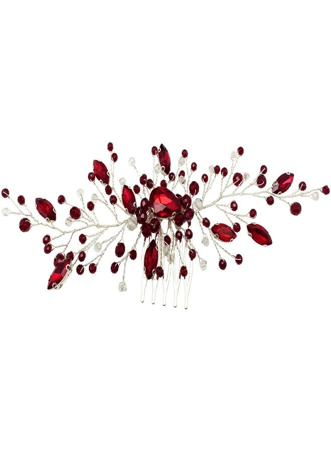 BETITETO Bridal Wedding Hair Comb Wine Red Crystal Sliver Hair Vine Piece Accessories for Women Girls Party Banquet (Wine Red) - Image 3