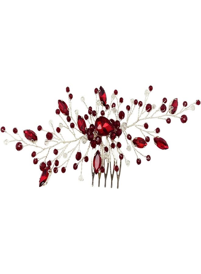 BETITETO Bridal Wedding Hair Comb Wine Red Crystal Sliver Hair Vine Piece Accessories for Women Girls Party Banquet (Wine Red) - Image 1