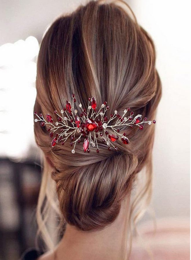 BETITETO Bridal Wedding Hair Comb Wine Red Crystal Sliver Hair Vine Piece Accessories for Women Girls Party Banquet (Wine Red) - Image 2