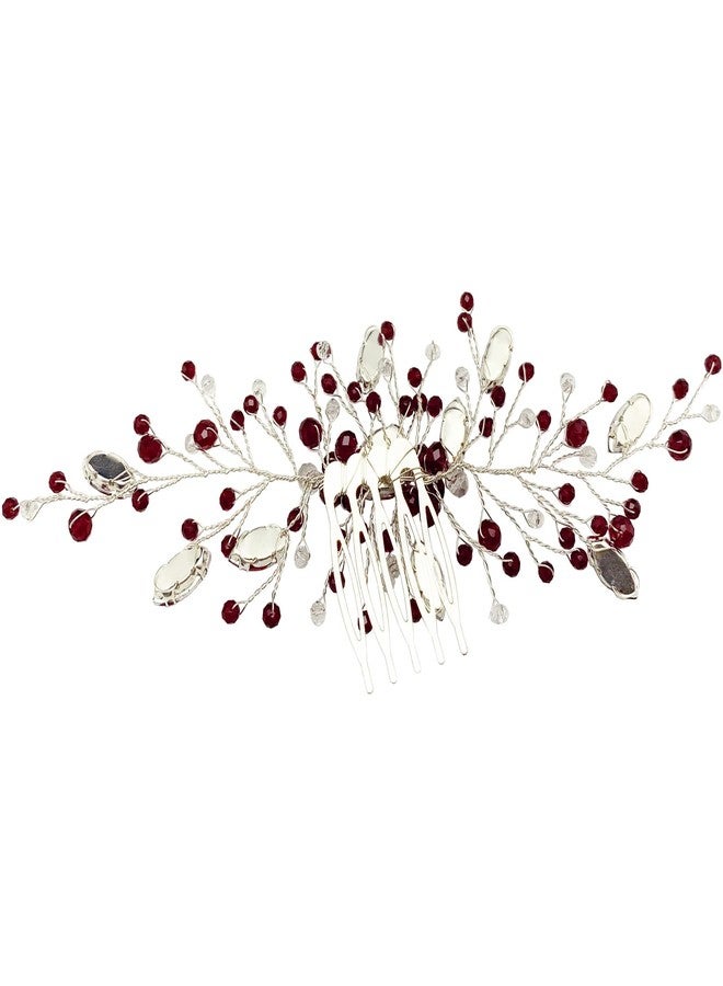 BETITETO Bridal Wedding Hair Comb Wine Red Crystal Sliver Hair Vine Piece Accessories for Women Girls Party Banquet (Wine Red) - Image 5