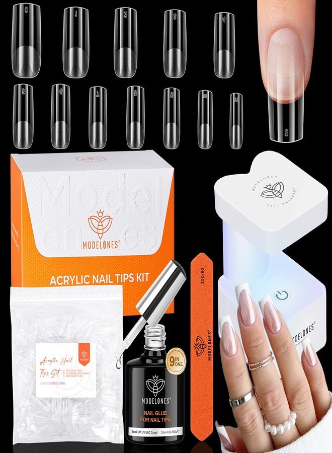 modelones Medium Square Gel Nail Tips Kit, 9-in-One Nail Glue with Portable U V Lamp 216Pcs 12Sizes Pre-Etched Press ons Fake Acrylic Extension Kit DIY Salon Gift for Women - Image 1