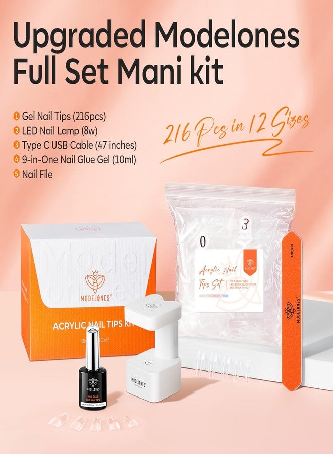 modelones Medium Square Gel Nail Tips Kit, 9-in-One Nail Glue with Portable U V Lamp 216Pcs 12Sizes Pre-Etched Press ons Fake Acrylic Extension Kit DIY Salon Gift for Women - Image 2