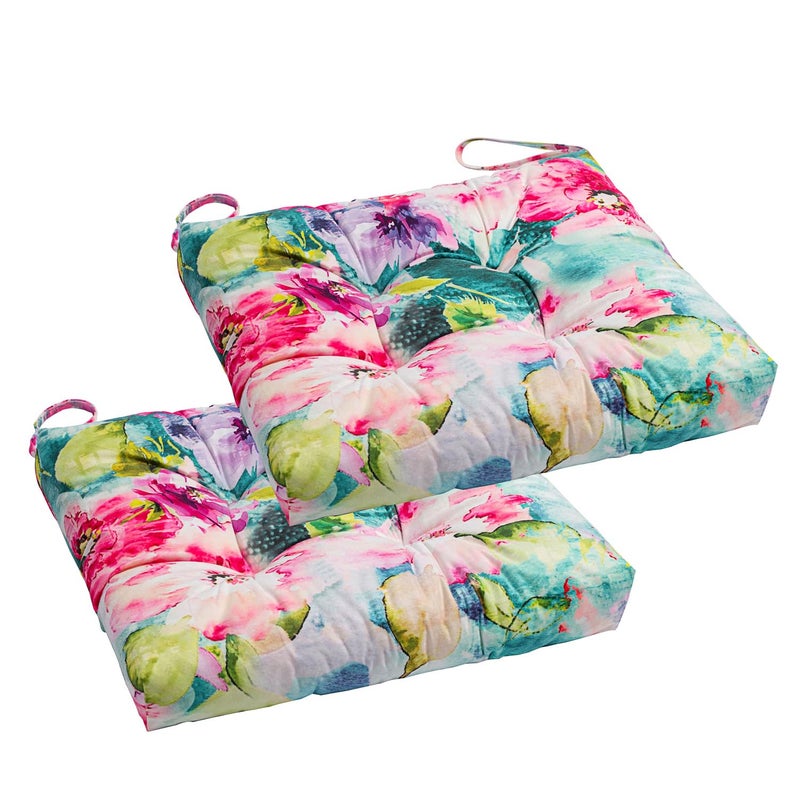 Makimoo 2-Pack Outdoor/Indoor Wicker Patio Seat Cushion Pad with Ties - Dining Chair Cushion, 17" x 17" (Watercolor Flowers) - Image 1