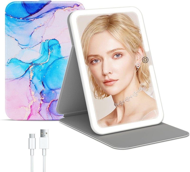 FUNTOUCH Rechargeable Travel Lighted Makeup Mirror with PU Leather Cover, Portable Travel Makeup Mirror with lights, 3 Color Lighting,Touch Sensor Dimmable, Light Up Tabletop Folding Cosmetic Mirror Colorful - Image 1