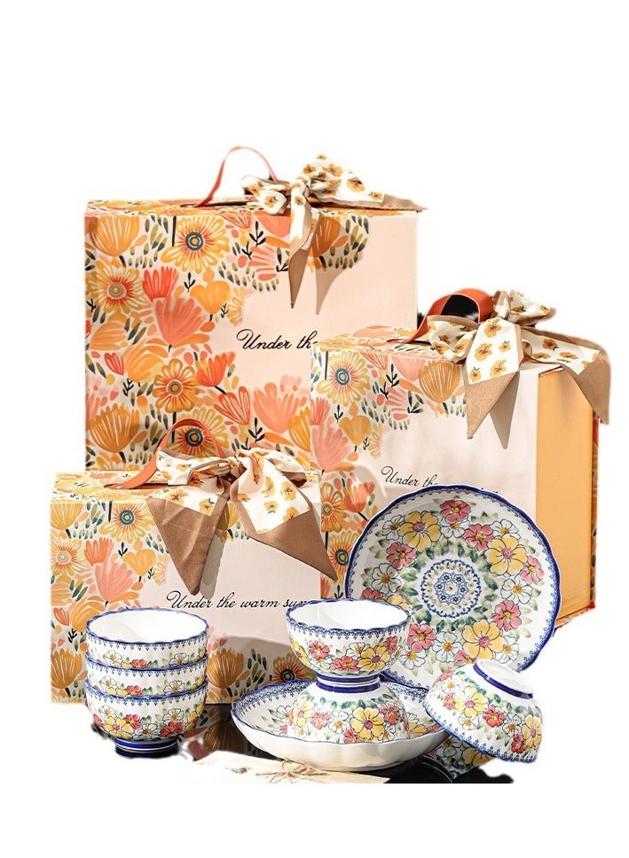 OLUDENIZ Exquisite 10-Piece Floral Ceramic Dinnerware Set for 4 People – Includes 4 Rice Bowls, 2 Elegant Flat Plates, and 4 Spoons – Perfect for Special Occasions or Everyday Home Dining. - Image 2