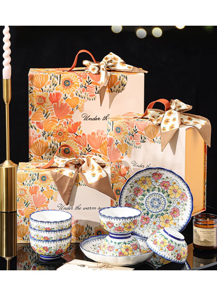 OLUDENIZ Exquisite 10-Piece Floral Ceramic Dinnerware Set for 4 People – Includes 4 Rice Bowls, 2 Elegant Flat Plates, and 4 Spoons – Perfect for Special Occasions or Everyday Home Dining. - Image 1
