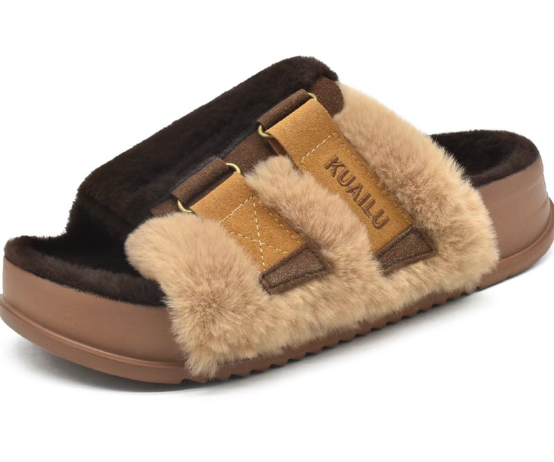 KuaiLu Womens Fuzzy Platform Open Toe Slippers with Arch Support Fluffy Furry Slides Orthotic Faux Fur Sandals Indoor Outdoor Brown Size 10 - Image 1