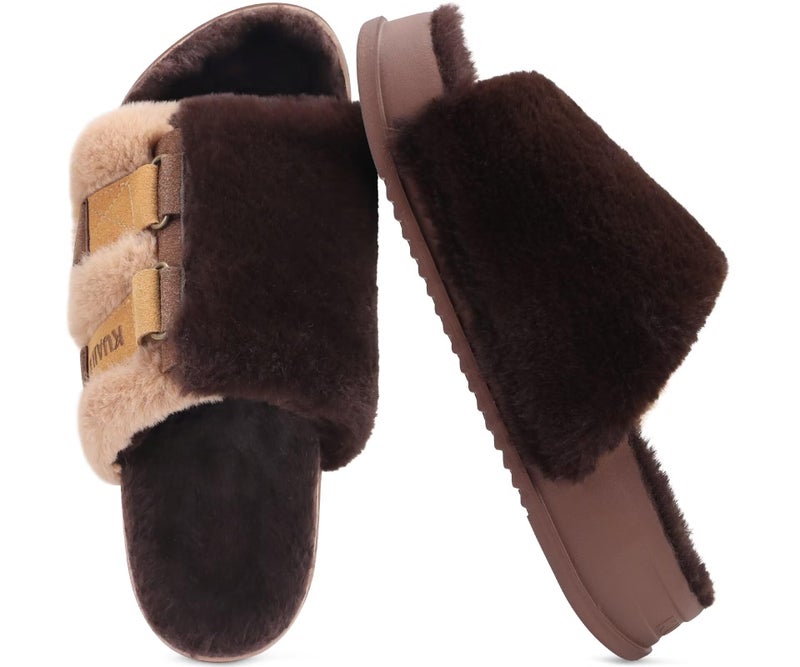 KuaiLu Womens Fuzzy Platform Open Toe Slippers with Arch Support Fluffy Furry Slides Orthotic Faux Fur Sandals Indoor Outdoor Brown Size 10 - Image 2