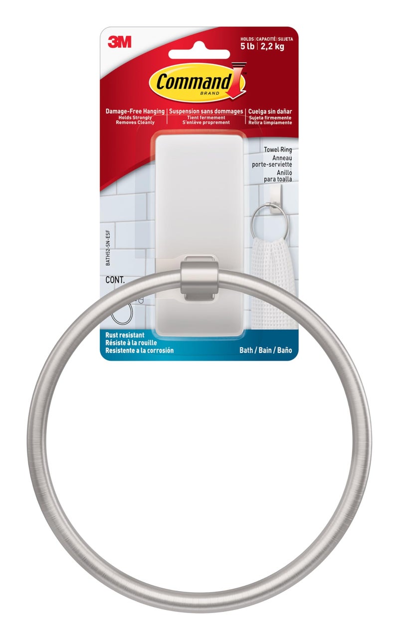 Command Hand Towel Holder Satin Nickel with Water Resistant Command Strips, Rust Resistant Bathroom Organizer, Holds up to 5 lbs - Image 1