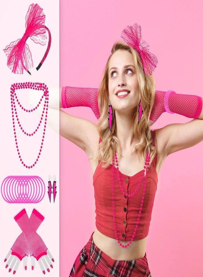 Tudniky 80s Outfit Costume Accessories Set, Neon Headband Earrings Fishnet Gloves Necklace Bracelet for 80s Retro Party, Neon, M - Image 2