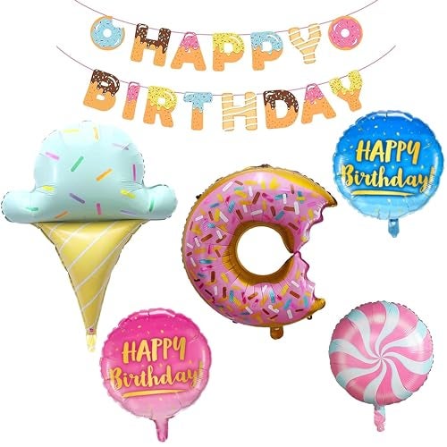 TOYXE Donut Candy Softy Ice Cream Theme Happy Birthday Paper Banner Foil Balloons Set of 6 Pcs - Image 2