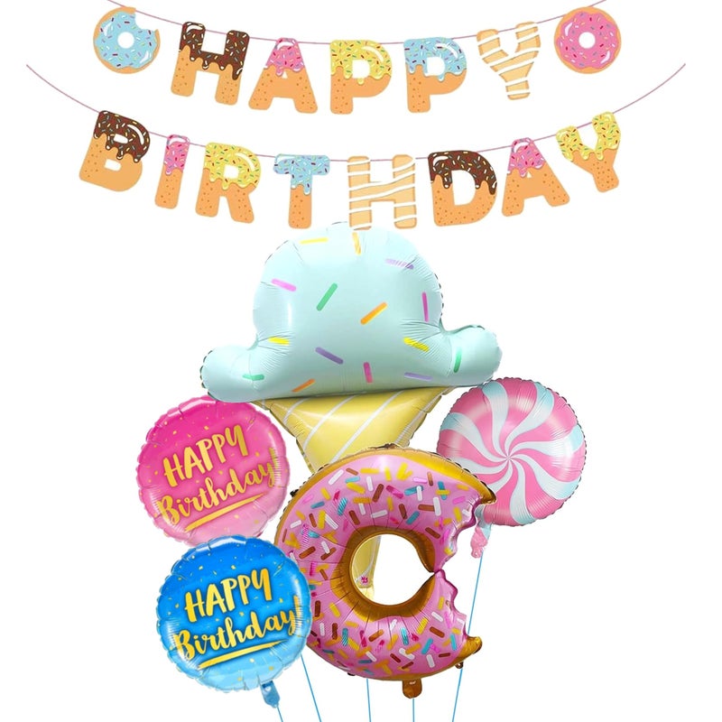 TOYXE Donut Candy Softy Ice Cream Theme Happy Birthday Paper Banner Foil Balloons Set of 6 Pcs - Image 4