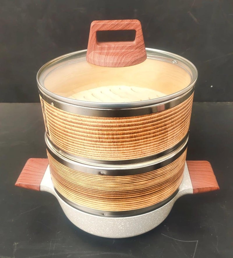 Shoppers Hub PNQ Induction Compatible 8 Inches Wide 3 Tier Ceramic kadai+ Wooden Dimsum Baskets with SS Ring & Wooden Handles for Heavy Duty Use in Hotels & Culinary Places. (Size: 21cm Diameter)  - Image 1