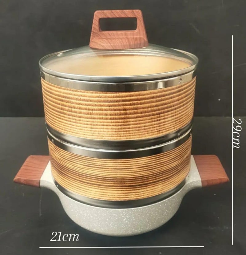 Shoppers Hub PNQ Induction Compatible 8 Inches Wide 3 Tier Ceramic kadai+ Wooden Dimsum Baskets with SS Ring & Wooden Handles for Heavy Duty Use in Hotels & Culinary Places. (Size: 21cm Diameter)  - Image 2