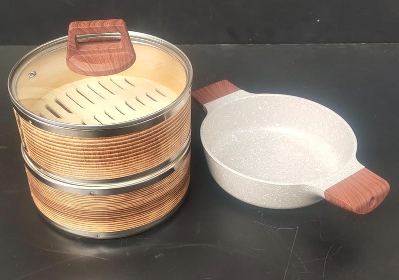 Shoppers Hub PNQ Induction Compatible 8 Inches Wide 3 Tier Ceramic kadai+ Wooden Dimsum Baskets with SS Ring & Wooden Handles for Heavy Duty Use in Hotels & Culinary Places. (Size: 21cm Diameter)  - Image 4