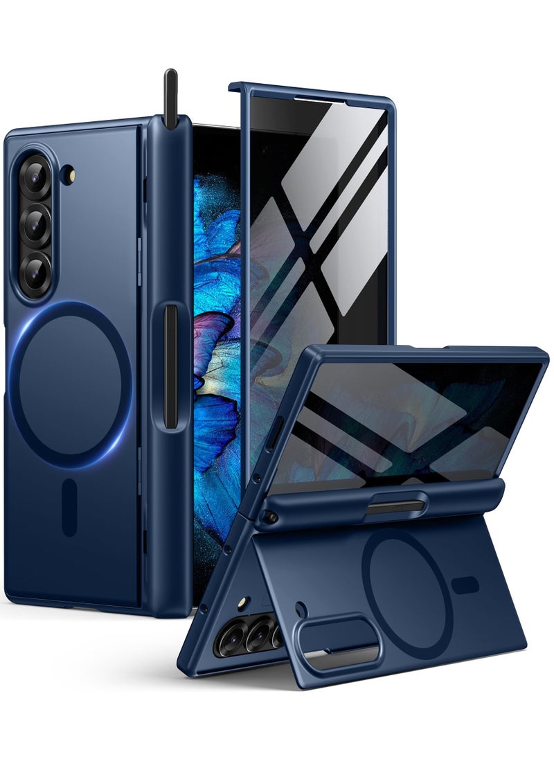 BERFY Magnetic for Samsung Galaxy Z Fold 6 Case with Privacy Screen Protector, [Compatible with MagSafe][Anti Spy]Built-in S Pen Holder & Kickstand, Full-Body Shockproof Phone Case for Z Fold 6, Blue  - Image 1