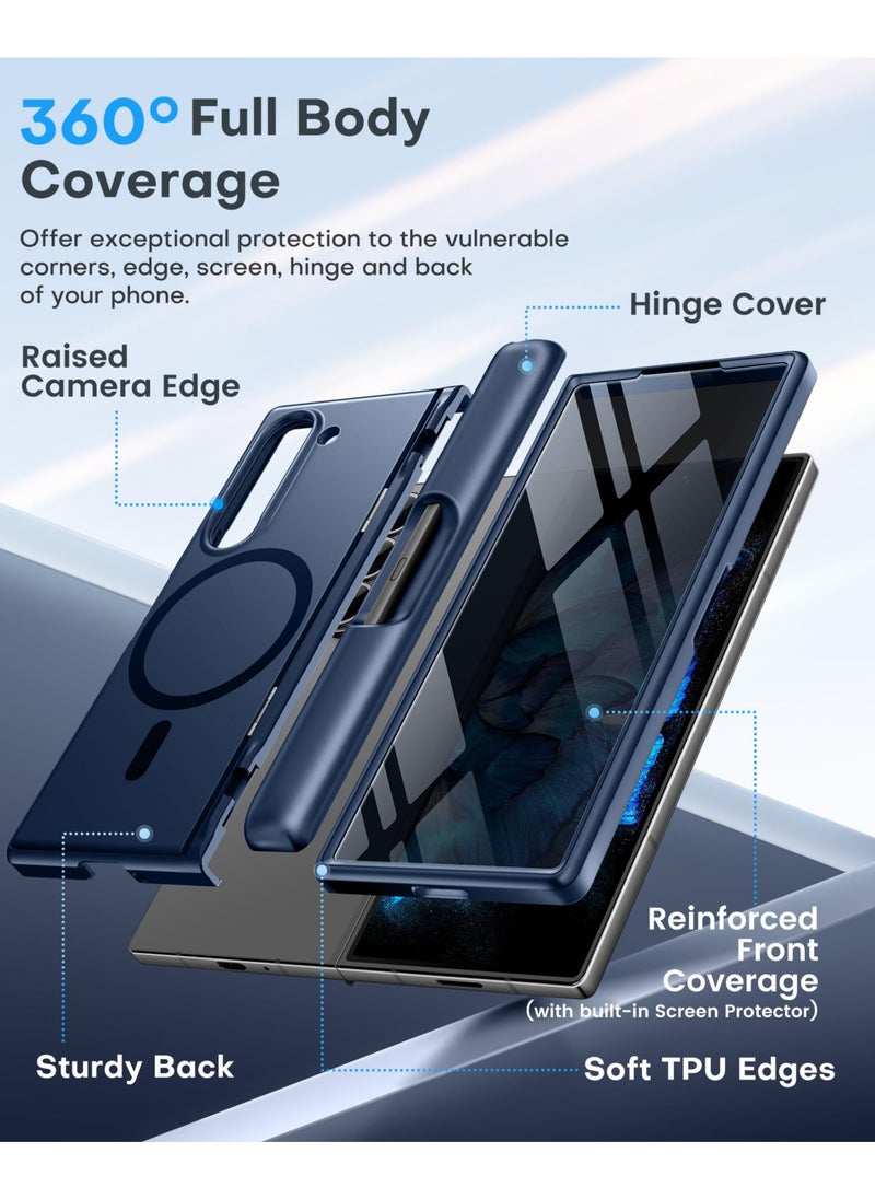 BERFY - Magnetic for Samsung Galaxy Z Fold 6 Case with Privacy Screen Protector, [Compatible with MagSafe][Anti Spy]Built-in S Pen Holder & Kickstand, Full-Body Shockproof Phone Case for Z Fold 6, Blue - Image 1