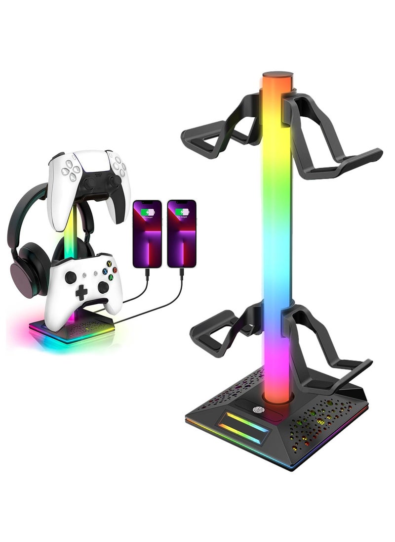 حامل سماعات رأس RGB وحامل وحدة التحكم في الألعاب، حامل سماعات رأس مكتبي مع 10 أوضاع إضاءة، 2 منفذ شحن USB، ومنفذ Type-C واحد، ملحقات حامل سماعات رأس عالمية للاعبين على المكتب - Image 1