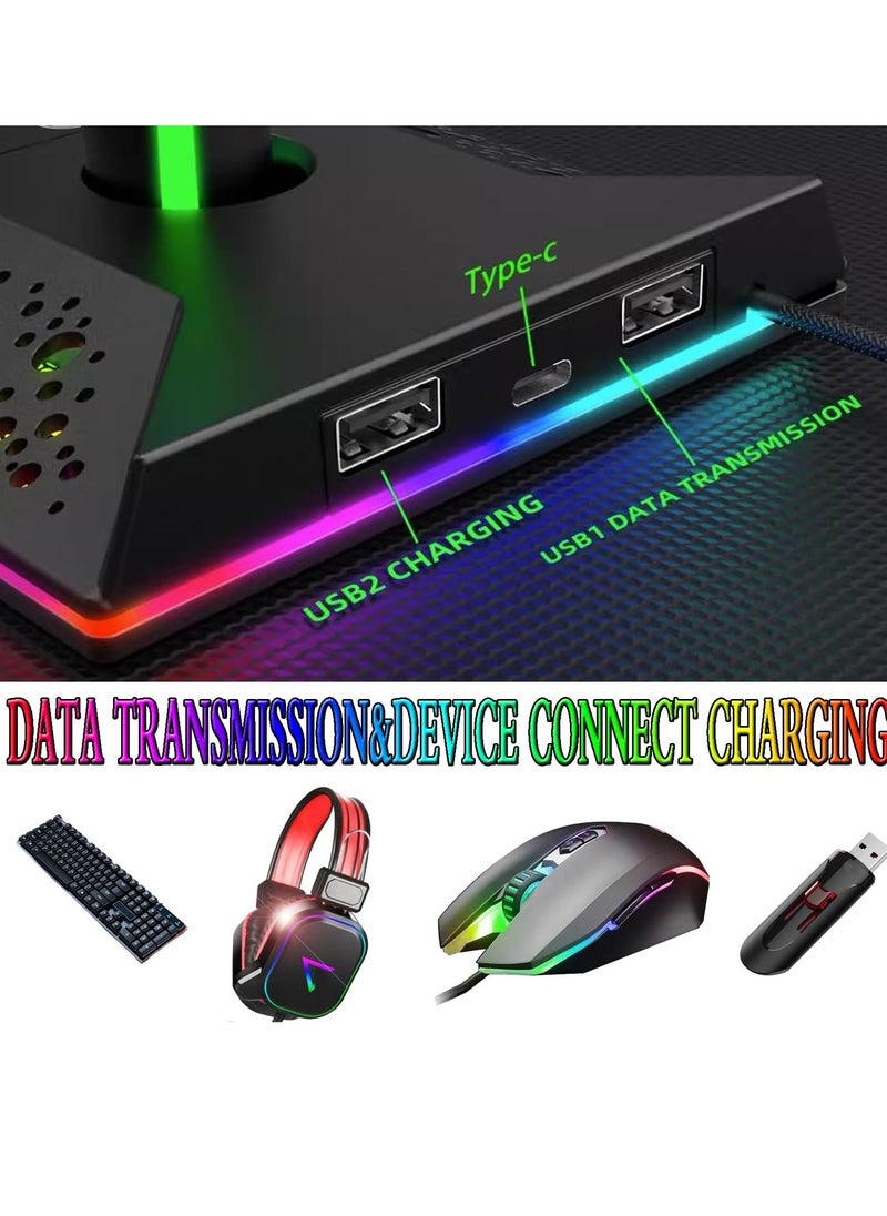 حامل سماعات رأس RGB وحامل وحدة التحكم في الألعاب، حامل سماعات رأس مكتبي مع 10 أوضاع إضاءة، 2 منفذ شحن USB، ومنفذ Type-C واحد، ملحقات حامل سماعات رأس عالمية للاعبين على المكتب - Image 4