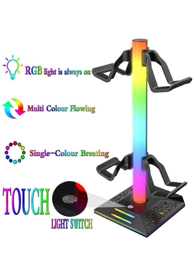 حامل سماعات رأس RGB وحامل وحدة التحكم في الألعاب، حامل سماعات رأس مكتبي مع 10 أوضاع إضاءة، 2 منفذ شحن USB، ومنفذ Type-C واحد، ملحقات حامل سماعات رأس عالمية للاعبين على المكتب - Image 3