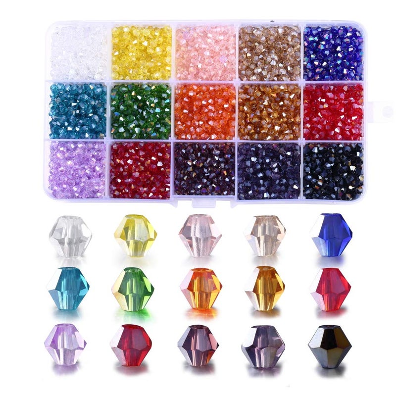 4mm Bicone Beads for Bracelet Making FANGZHIDI 3000pcs AB Colorful Glass Beads for Suncatcher Jewelry Beading Supplies Handmade Crafts 15 Color Assortments