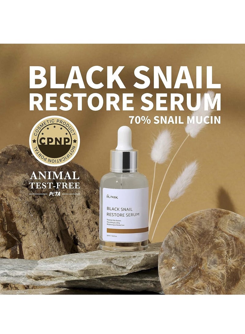 iUNIK 70% Black Snail Mucin Restore Serum Centella Essence Quick-absorption Deep Hydration Dark Spots Fine Lines Oily Sensitive Acne-prone Combination Repair Damaged Lifting Sagging Mature Skin No Clo - Image 2