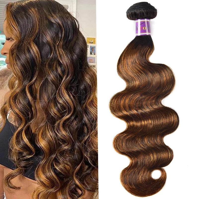 UNice Ombre Brown Highlight Body Wave Human Hair Weave 1 bundle 20 inch Brazilian Remy Hair Dark Root Blonde Human Hair Weaves Extension Piano Color TFB30