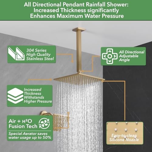 VANFOXLE Shower Faucet Set Brushed Gold Shower System,Push Button Diverter Shower Faucet with 2 in 1 Handheld,Ceiling Mount 10 Inch Shower Head with 6 Inch Wall Mount Shower Head - Image 3