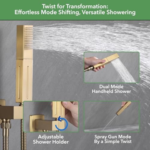 VANFOXLE Shower Faucet Set Brushed Gold Shower System,Push Button Diverter Shower Faucet with 2 in 1 Handheld,Ceiling Mount 10 Inch Shower Head with 6 Inch Wall Mount Shower Head - Image 5