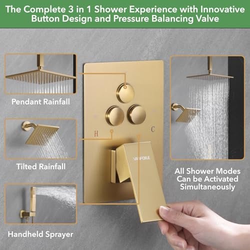 VANFOXLE Shower Faucet Set Brushed Gold Shower System,Push Button Diverter Shower Faucet with 2 in 1 Handheld,Ceiling Mount 10 Inch Shower Head with 6 Inch Wall Mount Shower Head - Image 4