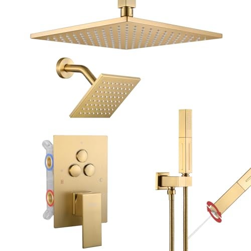 VANFOXLE Shower Faucet Set Brushed Gold Shower System,Push Button Diverter Shower Faucet with 2 in 1 Handheld,Ceiling Mount 10 Inch Shower Head with 6 Inch Wall Mount Shower Head - Image 1