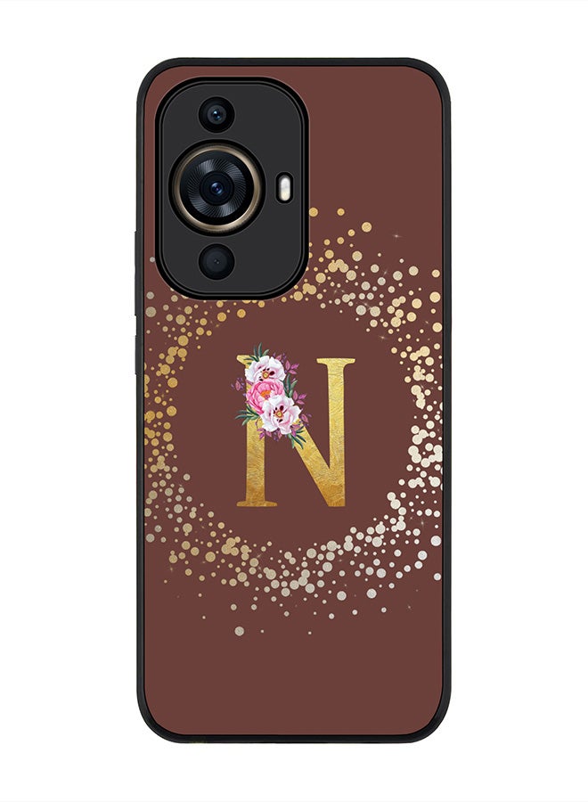 Stylizedd Rugged Black Edge case for Huawei nova 11 Pro,Slim fit Flexible Cover - Custom Monogram Initial Letter Floral Pattern Alphabet - N (Brown ) - Image 1