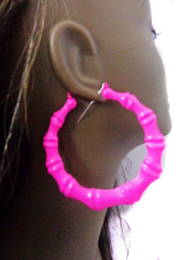 Divas Diggables Large Bamboo Color Hoop Earrings 4 Inch Hot Pink Bamboo Hoops - Image 2